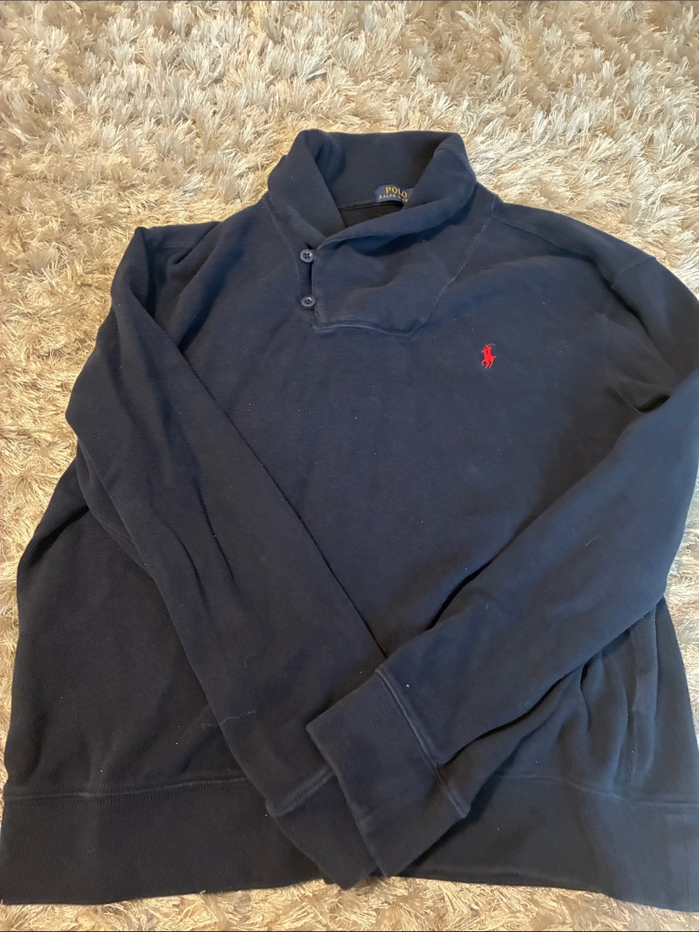 Ralph Lauren Navy Blue Shawl Collar Sweater with Red Pony
